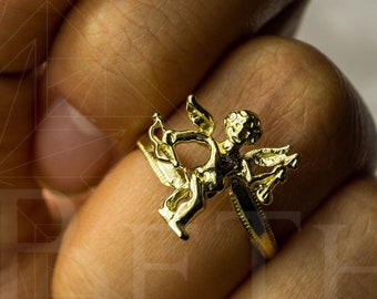 Authentic 10K Yellow Gold Bow Angel Cupid Ring for Women with size 5 ~ 12