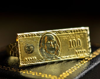 Authentic 10K GOLD Ring Knuckle Bar Multi 2 Finger Ring Hundred Dollar Bill Money For Kids