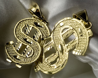 Authentic 10K Yellow Gold Diamond Cut Dollar Sign Pendant Charm for Men and Women
