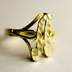 10k Solid Yellow Gold Initial Ring Small Cursive Letter with Diamond Cut for Women