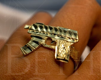 Anel Uzi Draco de ouro amarelo 10k autêntico para mulheres e homens, 3 tamanhos