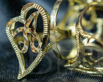 10k Yellow Gold Solid Big Slanted Heart Cursive Initial Ring with Diamond Cut