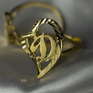 10k Yellow Gold Solid Slanted Heart Cursive Initial Ring with Diamond Cut