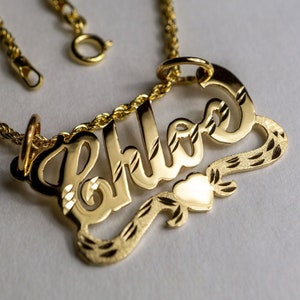 14K Solid Yellow Gold Nameplate Personalized HANDMADE Charm Custom Pendant with heart ribbon [NAMEPLATE ONLY]