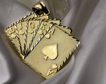 Authentic 10K Yellow Gold Royal Straight Flush Cards Charm Pendant 3 Sizes