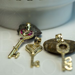 Authentic 10k/14k Yellow Gold Heart Key Pendant Charm for Necklace or Bracelet or Anklet