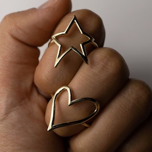 10k Yellow Solid Gold Big Size Slanted Heart and Slanted Star Ring
