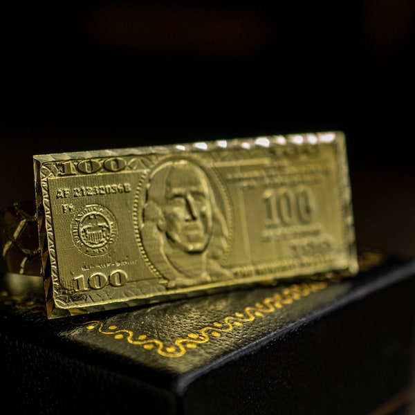 Authentic 10K GOLD Ring Knuckle Bar Multi 2 Finger Ring Hundred Dollar Bill Money