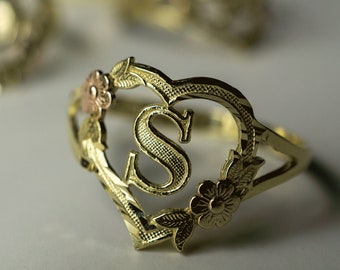 10k Solid Gold Flower Heart Initial Letter Alphabet Ring with 2 toned Yellow and Rose Color Heart Band for Women