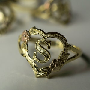 10k Solid Gold Flower Heart Initial Letter Alphabet Ring with 2 toned Yellow and Rose Color Heart Band for Women