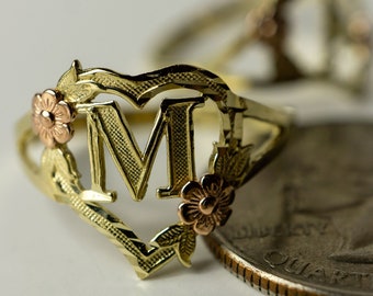 14k Solid Gold Flower Heart Initial Ring with 2 toned Yellow and Rose Color Ring for Women