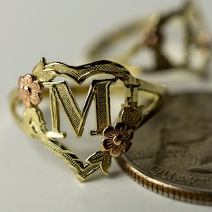14k Solid Gold Flower Heart Initial Ring with 2 toned Yellow and Rose Color Ring for Women