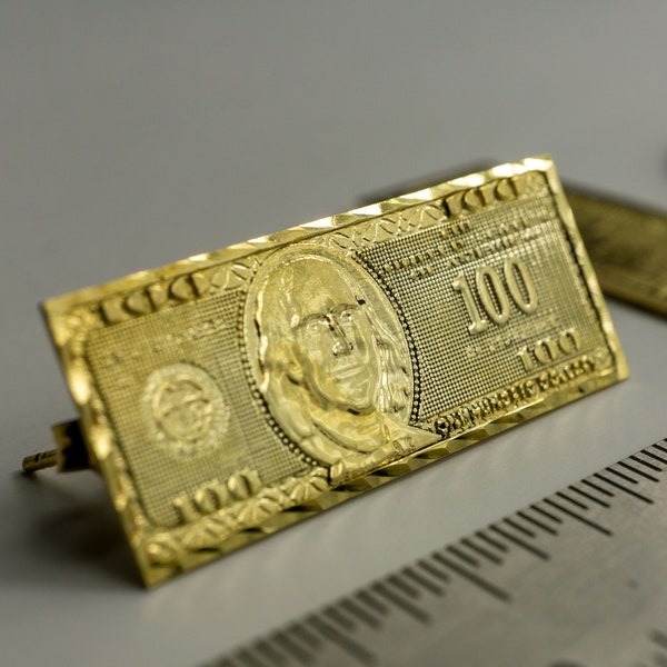 10K Solid Yellow Gold 100 One Hundred Dollar Bill Cash Sign Money Stud Earrings