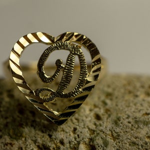 10k Yellow Gold Solid Heart Cursive Initial Letter Ring for Girls and Women