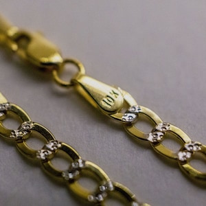 Authentic 10K Gold Hollow Cuban Link Chain Bracelet Anklet Necklace with Diamond Cut Pave Cut 2 tone Color 7"~30"