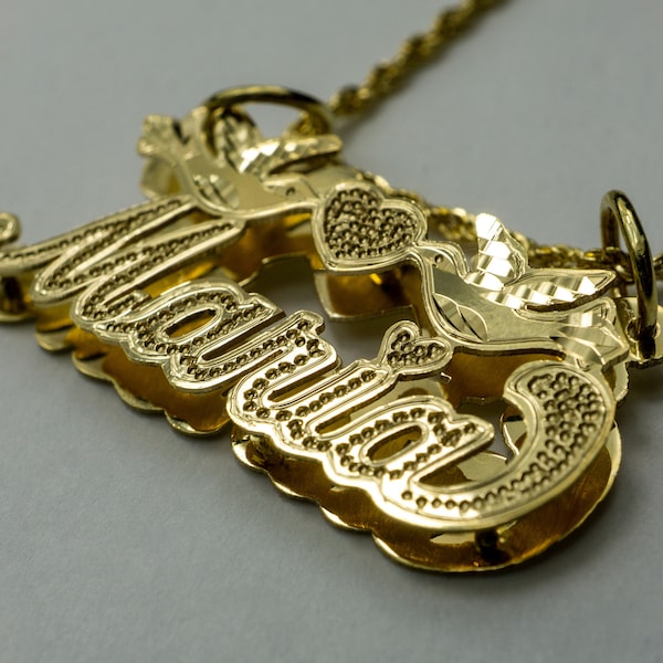 10K Yellow Gold Double Name Plate Pendant: Custom Bird & Heart Charm