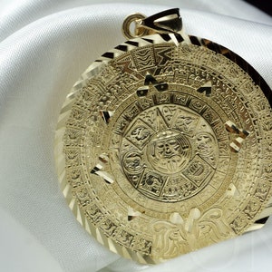 Authentic 10K or 14K Solid Yellow Gold Aztec Mayan Sun Calendar Charm Pendant 4 Sizes