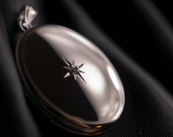Sterlingzilveren ovaal medaillon: diamant starburst, geëtste rand