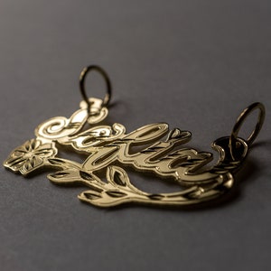 14K Solid Gold Personalized HANDMADE Name Plate Charm Customized Pendant with Flower [NAMEPLATE ONLY]