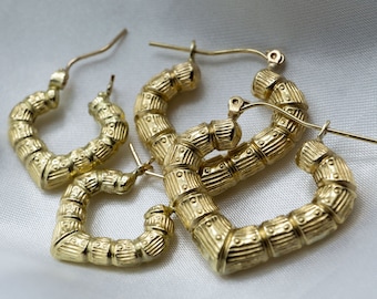 Large Hollow Bamboo Hoop Earrings in 10 KT Yellow Gold
