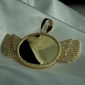 Authentic 10K Yellow Gold CZ Wing Heart Medallion Picture Charm Photo Pendant