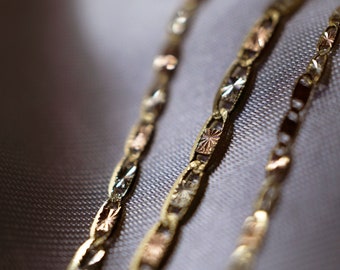 10K Yellow Solid White Rose Gold Tri Color Valentino Chain Necklace 1.5mm~2.6mm / 16~26"