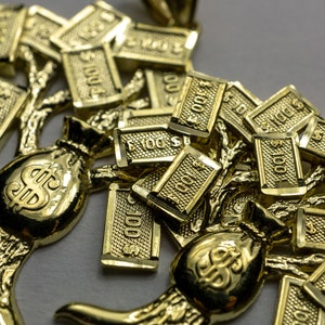 Autentico 10K Oro giallo Denaro Albero Denaro Borsa Albero Dollaro Ciondolo Charm Amuleto fortunato Diventa ricco