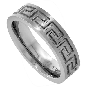 Titanium Wedding Band Greek Key Ring Flat Comfort Fit 6mm