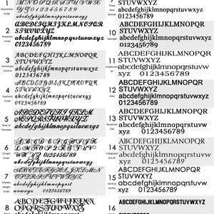 Op de afbeelding: Een grafiek met 16 verschillende lettertypen voor graveren. Elk lettertype is gelabeld met een naam en een nummer. De lettertypen worden weergegeven in hoofdletters, kleine letters en cijfers. De grafiek is een handig hulpmiddel om het juiste lettertype te kiezen voor uw graveerproject.