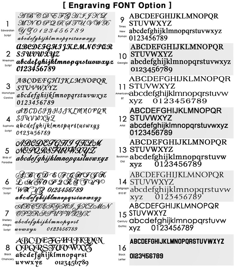 Op de afbeelding: Een grafiek met 16 verschillende lettertypen voor graveren. Elk lettertype is gelabeld met een naam en een nummer. De lettertypen worden weergegeven in hoofdletters, kleine letters en cijfers. De grafiek is een handig hulpmiddel om het juiste lettertype te kiezen voor uw graveerproject.
