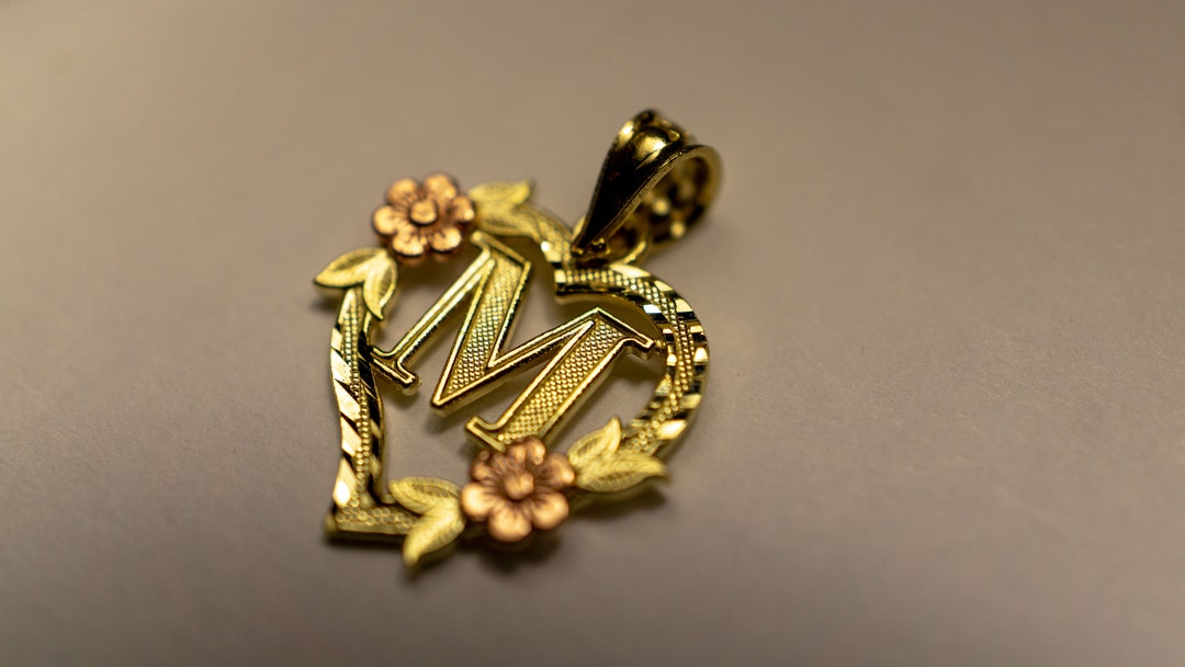 14K Yellow-rose Gold Initial Letter Heart With Flower 2 Tone Color ...