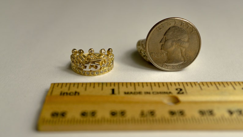 10K Yellow Gold 15 Anos Quinceanera Amethyst CZ Crown Rings 2 Styles