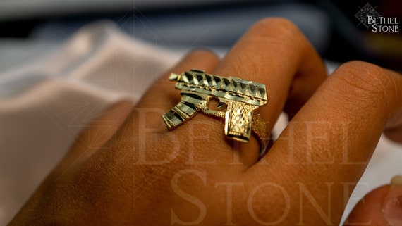 Authentic 10k Yellow Gold Solid Gun Uzi Ring Band for Women and Men Etsy