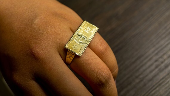 Authentic 10K GOLD Ring Knuckle Bar Multi 2 Finger Ring Hundred Dollar Bill Money For Kids