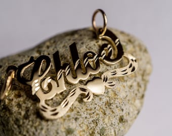 10K Solid Yellow Gold Name Personalized HANDMADE Charm Custom Pendant with heart ribbon [NAMEPLATE ONLY]