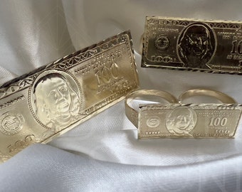 Authentic 10K GOLD Ring Knuckle Bar Multi 2 Finger Ring Hundred Dollar Bill Money For Kids