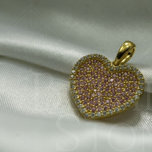 Authentic 10k Solid Gold Heart Pink CZ Love Pendant Charm for Girl Women