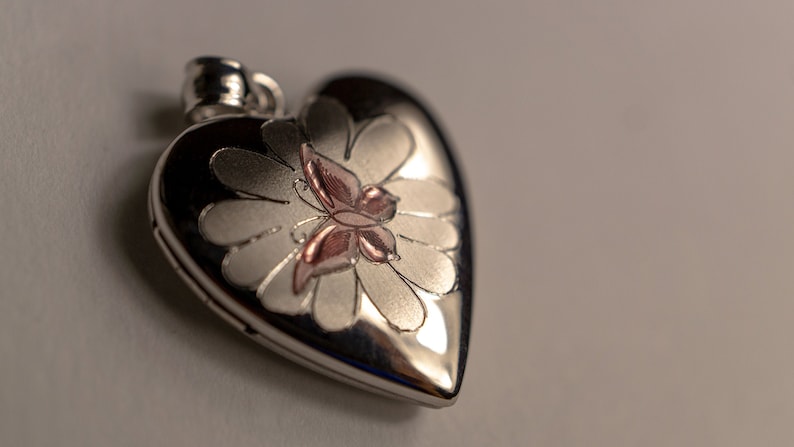 Op de afbeelding: Een zilveren hartvormig medaillon met een gedetailleerd bloemmotief en een roze vlinder in het midden.