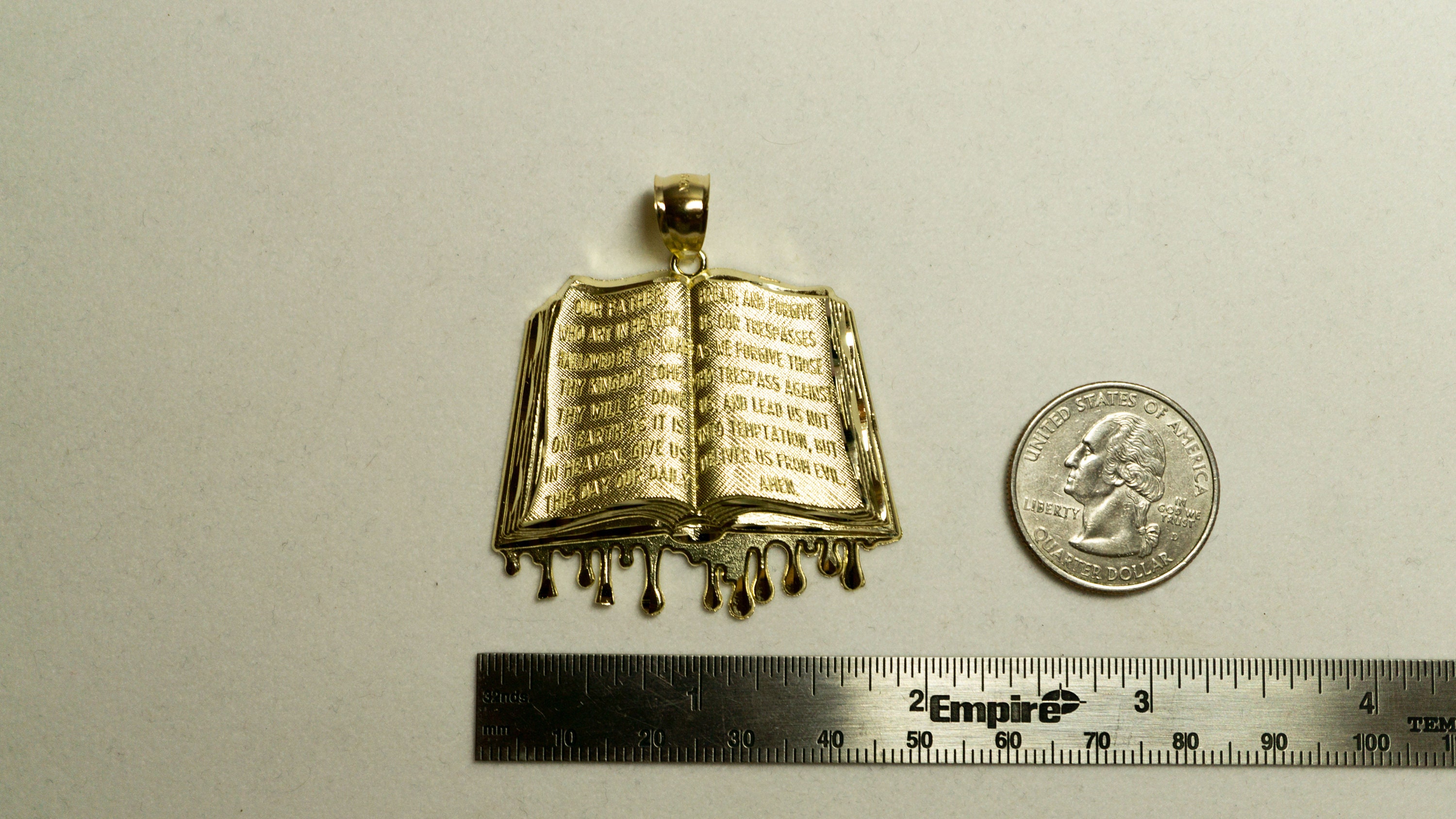 FDJ 10k Gold 3D Holy Bible Book Charm Pendant - Lord's Prayer Inside, Polished Gold Religious Jewelry