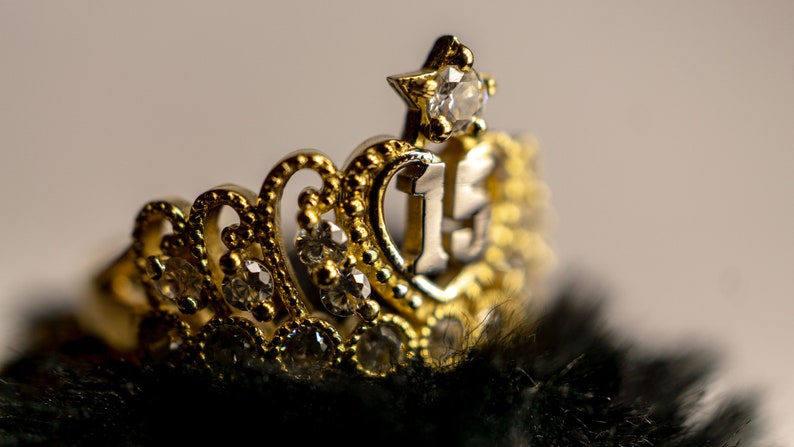 10K Yellow Gold 15 Anos Quinceanera Amethyst CZ Crown Rings 2 Styles