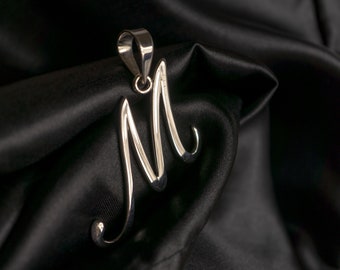 Sterling Silver Script Initial Letter Alphabet Handmade Charm Pendant Flawless Polish, 1 1/2 inch height