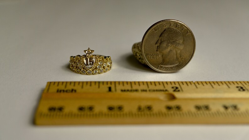 10K Yellow Gold 15 Anos Quinceanera Amethyst CZ Crown Rings 2 Styles