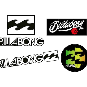 Puede incluir: Logotipo en blanco y negro para Billabong, una marca de ropa de surf. El logotipo presenta un diseño de ola estilizado y la palabra "Billabong" en una fuente manuscrita en negrita. El logotipo se repite en diferentes tamaños y estilos en toda la imagen.