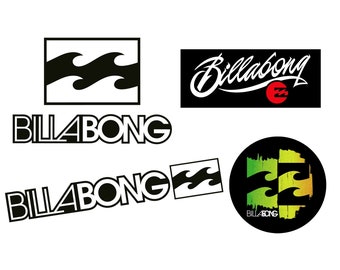 Könnte beinhalten: Schwarzweißes Logo für Billabong, eine Surfbekleidungsmarke. Das Logo zeigt ein stilisiertes Wellendesign und das Wort "Billabong" in einer fetten, handgeschriebenen Schrift. Das Logo wird in verschiedenen Größen und Stilen im gesamten Bild wiederholt.