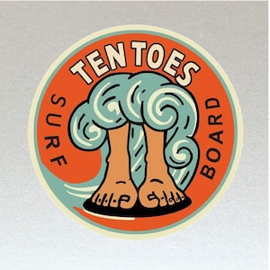 Classic Ten Toes Surf Boards Stickers x 2 Included - Water Resistant, Retro, Surf Board, Car, Van etc. (Laminated Water Resistant)