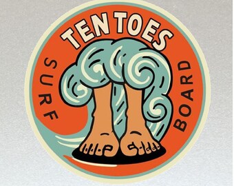 Classic Ten Toes Surf Boards Stickers x 2 Incluido - Resistente al agua, Retro, Tabla de surf, Coche, Furgoneta, etc. (Resistente al agua laminada)
