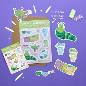 Display of the real sticker sheet next to the digital version of the stickers and the digital version of the sticker sheet on a purple background.