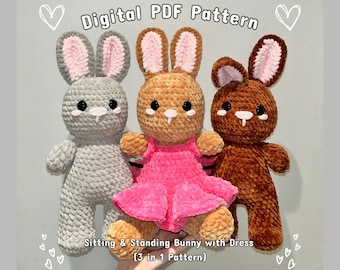 3 in 1 Bunny Crochet Pattern | Crochet Plushie Pattern, Bunny Plushie, Bunny Amigurumi Crochet Pattern, No Sew Crochet Pattern Rabbit