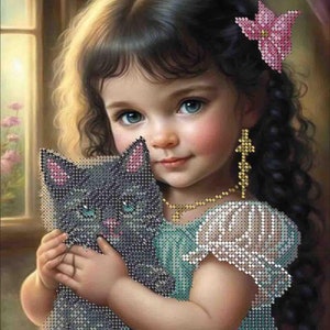 Bead Embroidery Kit DIY Needlepoint craft set Beaded stitching Little baby angel and cat beadwork beads craft beading picture