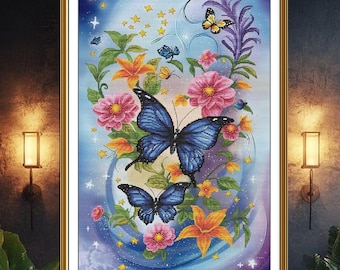 Counted Cross Stitch Kit Sapphire butterflies DIY Cross Stitch Kit Hand Embroidery KiT Unprinted canvas set Nova Sloboda